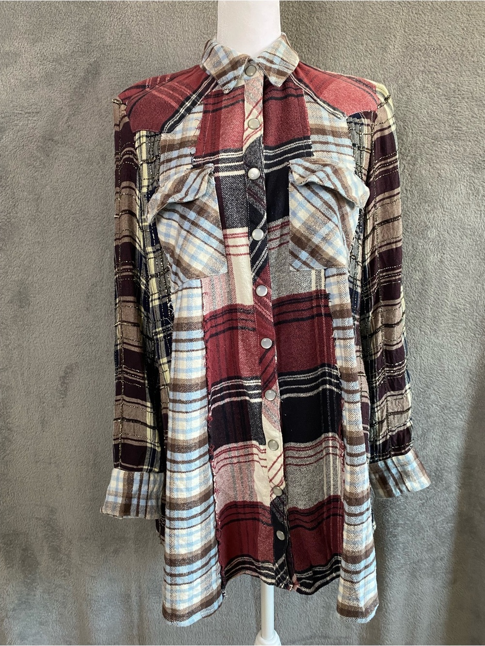 Free People Plaid Sequin Flannel Cotton Shacket Tunic XS Pearl Snap Patchwork 90